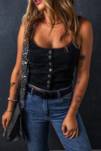 Women Black Acid Wash Buttoned Cropped Denim Cami Top | Sleeveless Tops