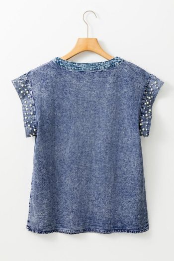 Women Dusk Blue Acid Wash Pearl Embellishment Round Neck Denim Top | Blouses