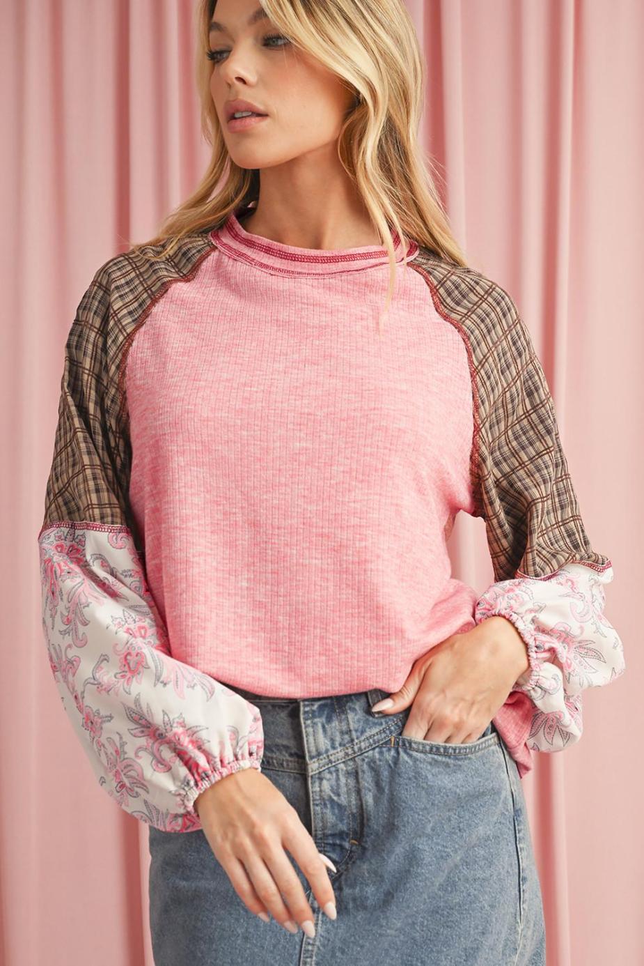 Women Fushia Floral Plaid Mixed Print Patchwork Raglan Ribbed Top | Long Sleeve Tops