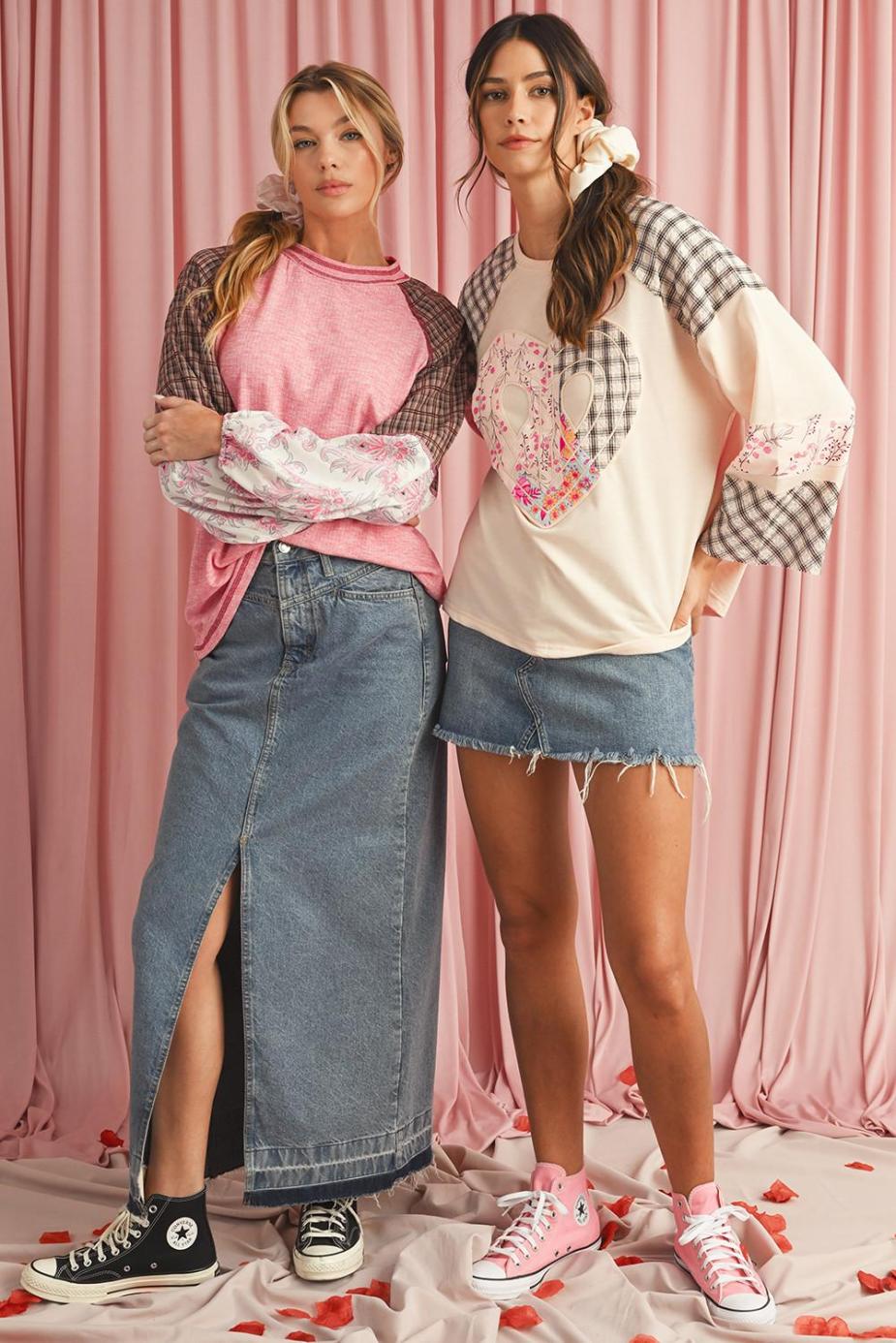 Women Fushia Floral Plaid Mixed Print Patchwork Raglan Ribbed Top | Long Sleeve Tops