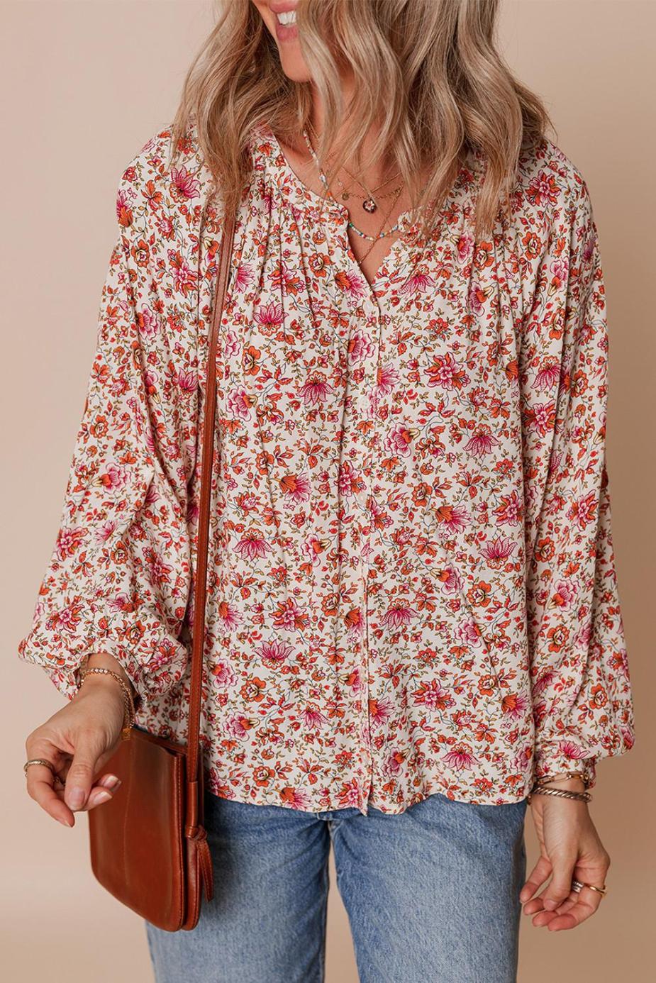 Women Red Floral Print Pleated Detail Notched Neck Puff Sleeve Blouse | Blouses