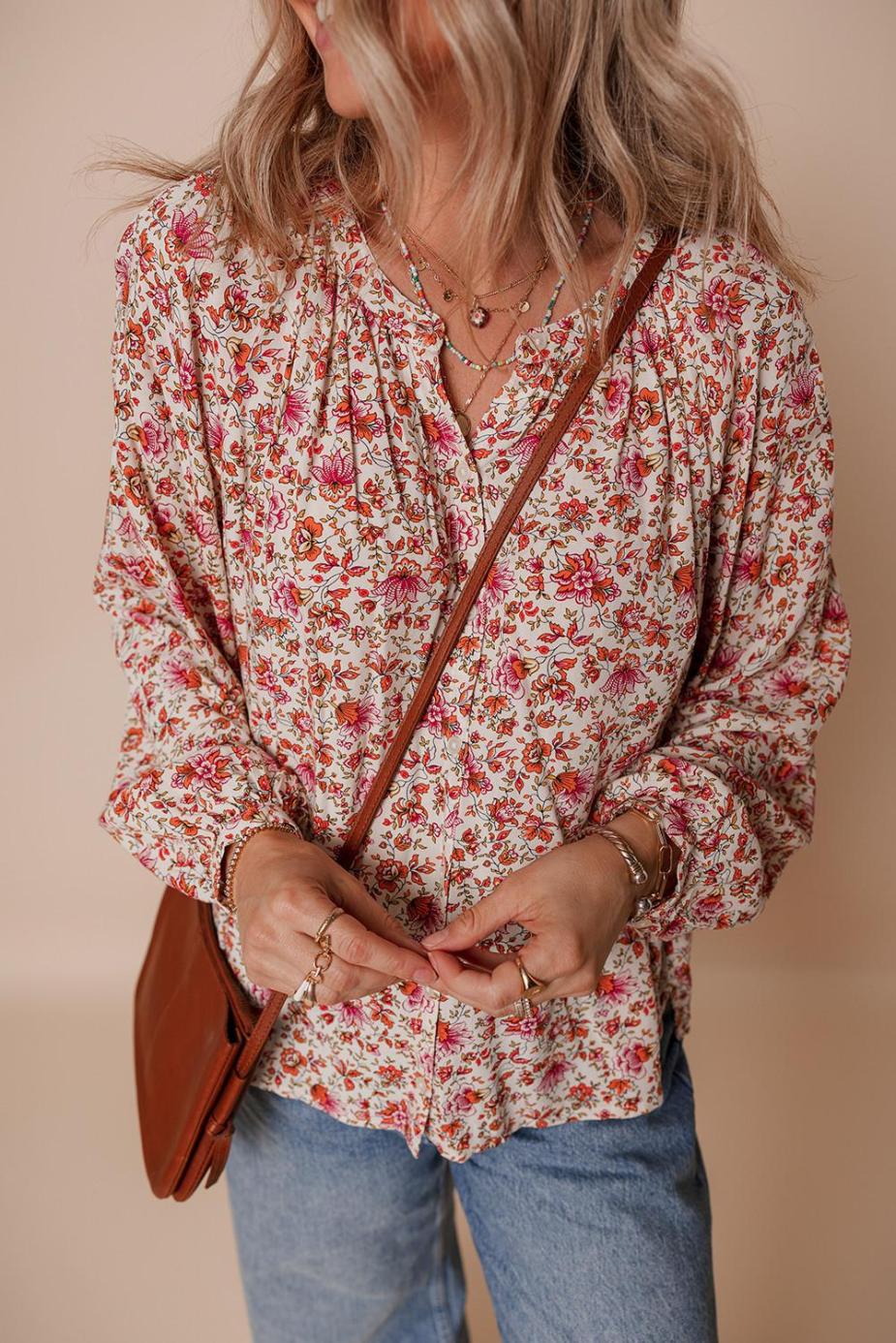 Women Red Floral Print Pleated Detail Notched Neck Puff Sleeve Blouse | Blouses