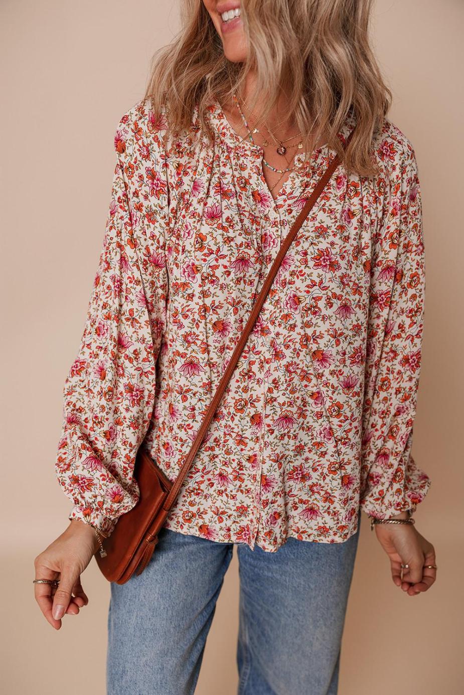Women Red Floral Print Pleated Detail Notched Neck Puff Sleeve Blouse | Blouses
