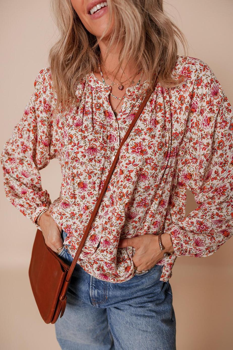 Women Red Floral Print Pleated Detail Notched Neck Puff Sleeve Blouse | Blouses