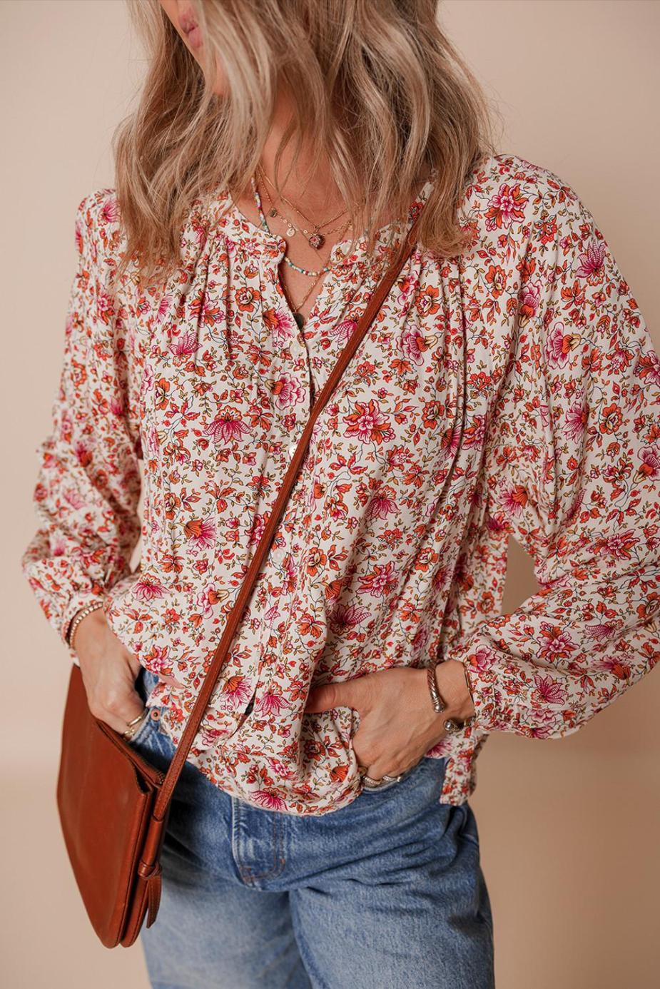 Women Red Floral Print Pleated Detail Notched Neck Puff Sleeve Blouse | Blouses