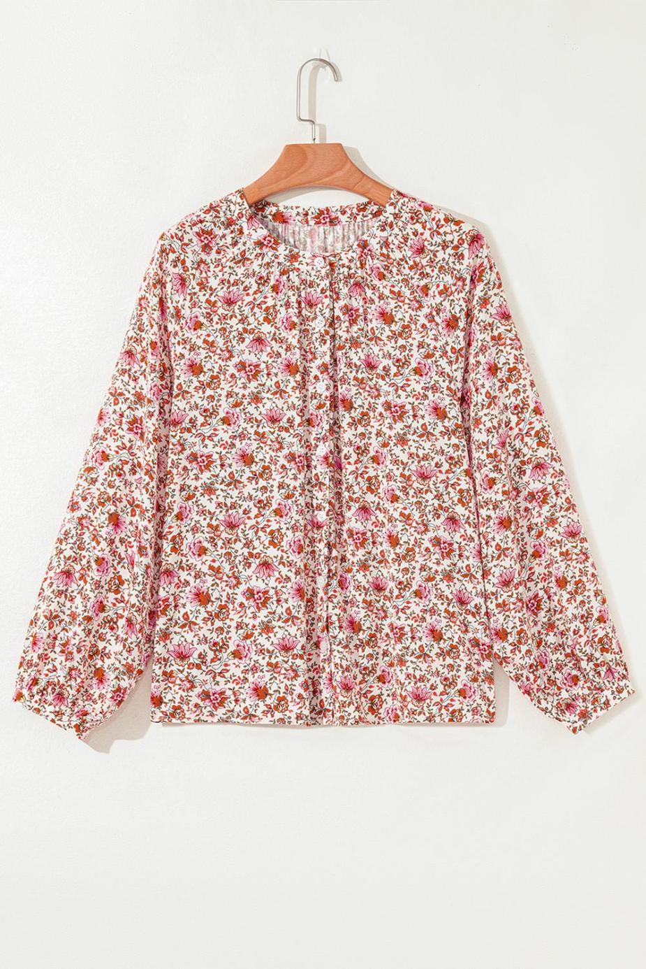 Women Red Floral Print Pleated Detail Notched Neck Puff Sleeve Blouse | Blouses