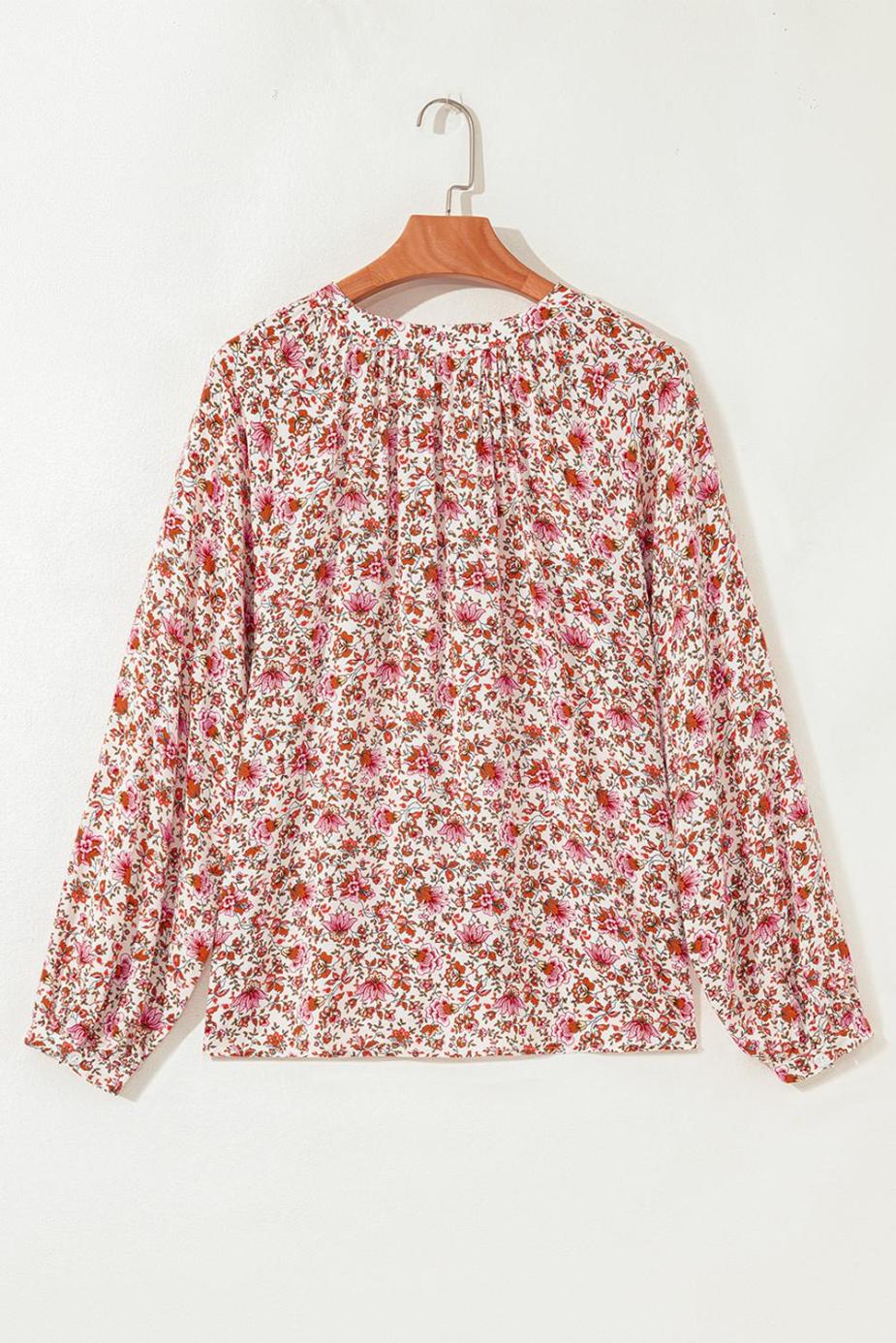 Women Red Floral Print Pleated Detail Notched Neck Puff Sleeve Blouse | Blouses