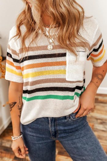 Women White Colorful Striped Pocket Loose Fit Knitted T Shirt | Knit Tops
